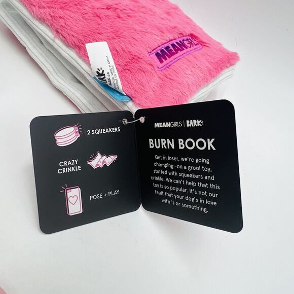 Bark Box Mean Girls M-L Burn Book Plush Dog Toy Crinkle Squeakers Pink New - Picture 3 of 3